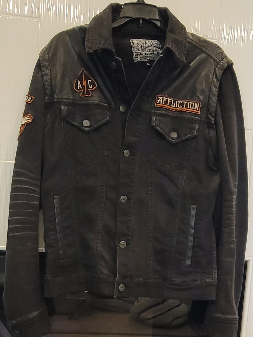 Mens Affliction Black Premium patched coated-denim jacket, Size M